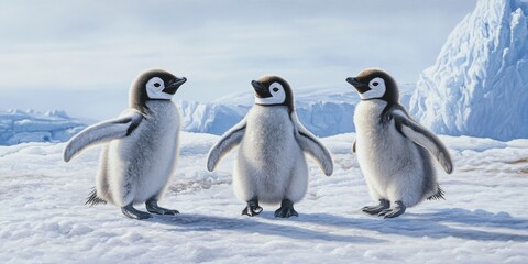 Obraz premium Three adorable Emperor Penguin chicks are playfully interacting, showcasing their charming personalities in this captivating scene of Emperor Penguin chicks engaging together in their natural habitat.