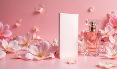 Vertical Business Card Mockup showcases an elegant design against a soft pink backdrop, complemented by delicate flowers and a stylish perfume bottle, creating a serene ambiance.