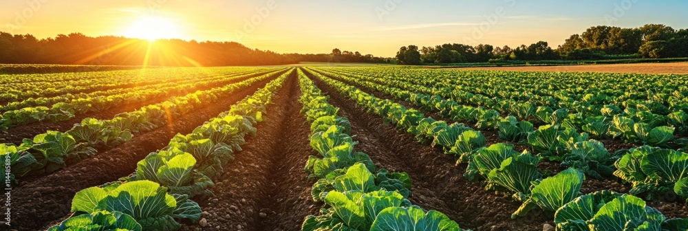 Poster sunset over fields with rows of crops.