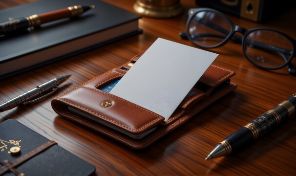 Vertical Business Card Mockup showcases a stylish brown leather wallet on a polished wooden desk, surrounded by elegant pens and essentials, conveying professionalism.