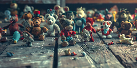 Obraz premium Collection of Vintage Stuffed Animals on Weathered Wood