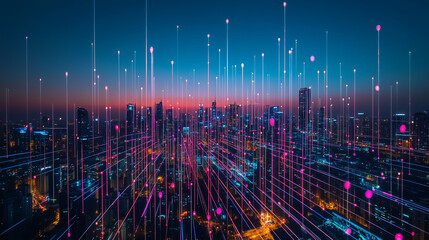 Futuristic Cityscape with Digital Network Overlay at Dusk
