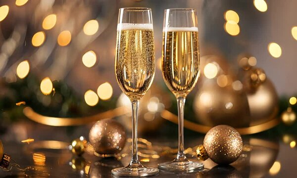 Deux fl&ucirc;tes de champagne p&eacute;tillant entour&eacute;es de boules de No&euml;l dor&eacute;es et guirlandes lumineuses, ambiance festive et &eacute;l&eacute;gante pour c&eacute;l&eacute;brations de fin d'ann&eacute;e no&euml;l et nouvel an