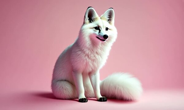 Renard blanc arctique assis sur fond rose, pelage doux et &eacute;l&eacute;gant, ambiance minimaliste et naturelle pour illustrations et designs modernes
