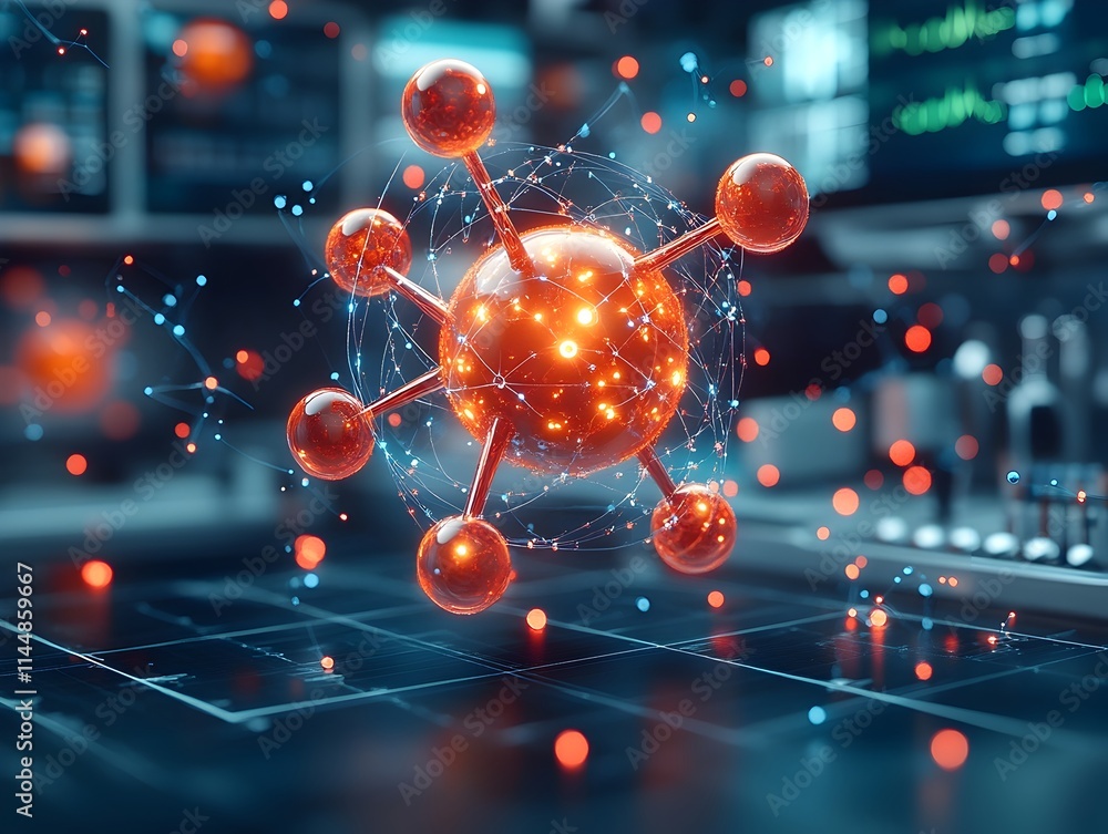 Poster detailed 3d visualization of a technetium atom showcasing its intricate electron shell structure and