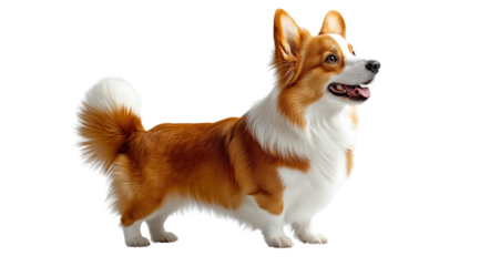 Alert Cardigan Corgi: A vibrant red and white Cardigan Corgi stands in profile, tail curled, alert and attentive, showcasing its distinctive features. 