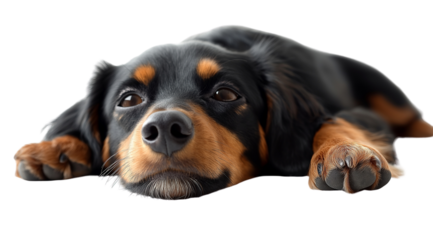 Relaxed Dachshund: A charming black and tan dachshund lies down, gazing intently at the camera with expressive eyes, showcasing its adorable features and relaxed demeanor. 