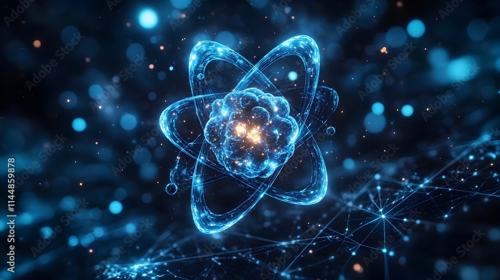 Poster detailed 3d model of a technetium atom revealing its intricate electron shells and orbital patterns 