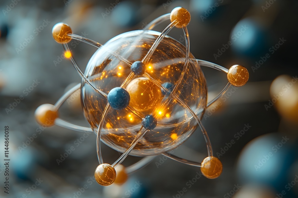 Poster comprehensive 3d schematic of a technetium atom displaying its detailed electron shell structure and