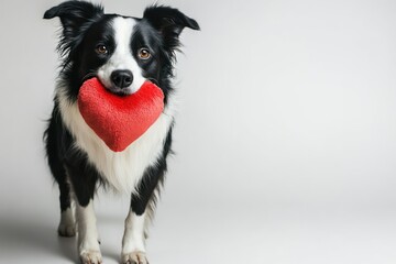 Fototapeta premium Border Collie holds red heart.