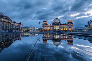 Naklejka premium Panoramic view of Berlin skyline at dusk, Germany. View from Spree river.