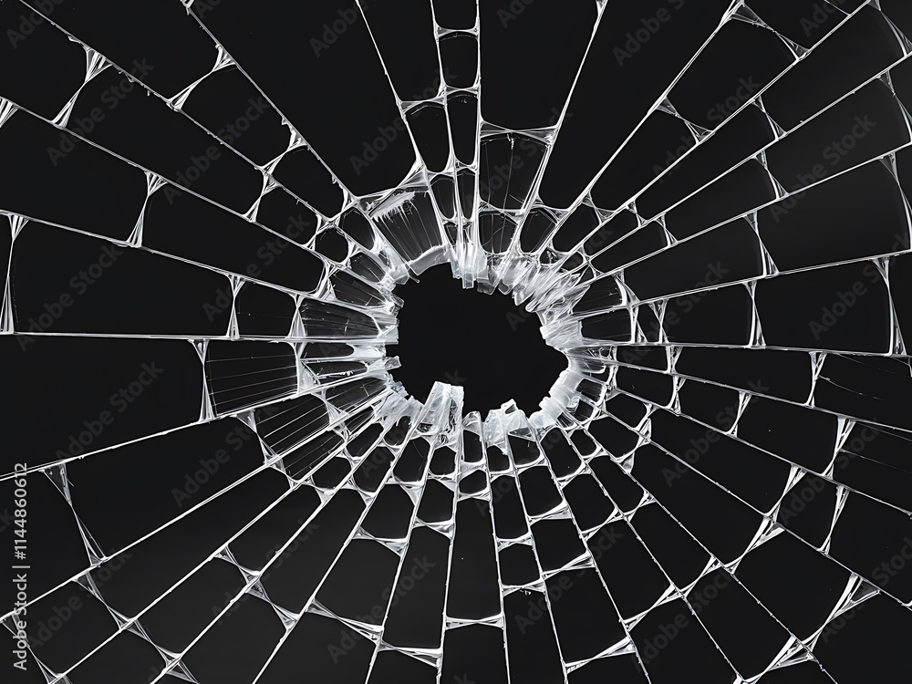 Poster abstract fractal background with circles, stark black-and-white image of a broken glass window with 