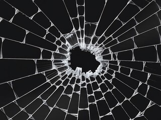 Obraz premium abstract fractal background with circles, Stark Black-and-White Image of a Broken Glass Window with a Central Hole and Splintered Shards, Jagged Edges Form a Chaotic Web 