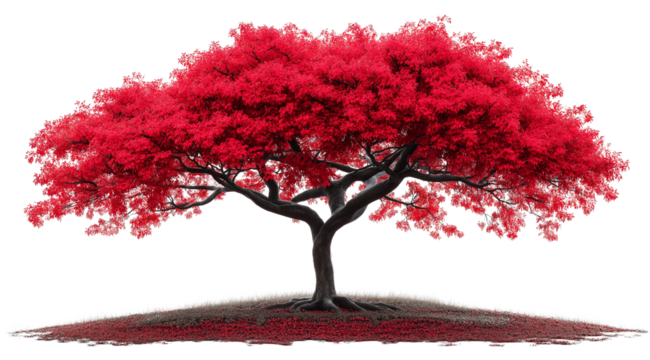 Crimson Majesty: A solitary, vibrant red tree stands tall against a blank canvas, its branches reaching towards the sky in a breathtaking display of nature's artistry.  