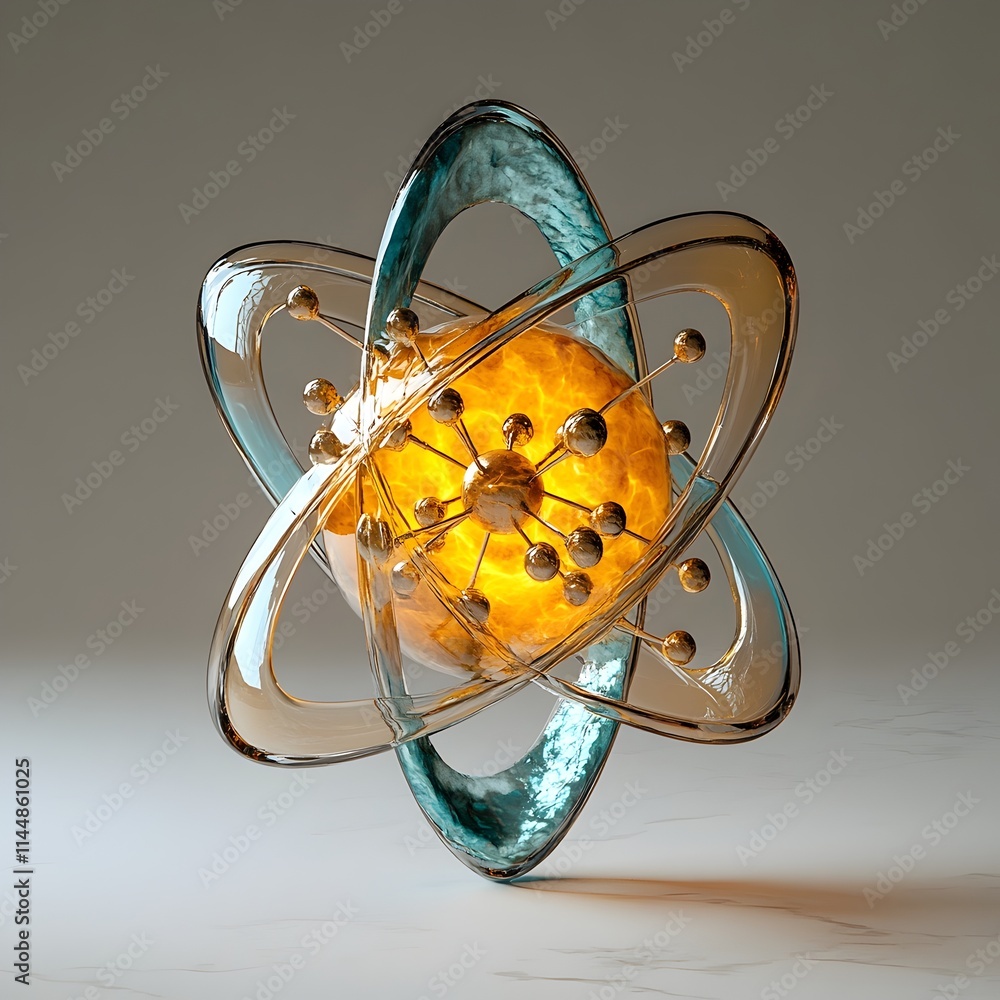 Poster intricate 3d model of a technetium atom showcasing its electron structure and highlighting its criti
