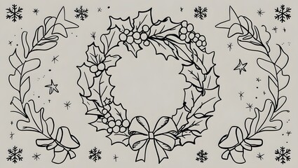Fototapeta premium doodle illustration of a Christmas wreath featuring a mix of swirly holly leaves