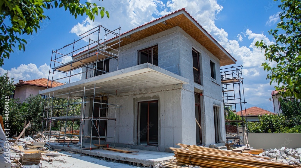Poster building under construction with scaffolding.
