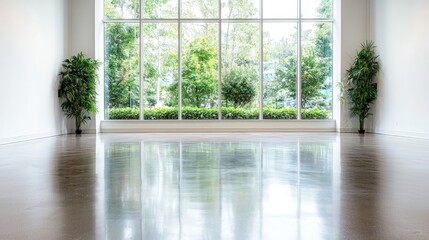 Fototapeta premium Bright empty room features a polished concrete floor reflecting a large window with a view of lush green trees.