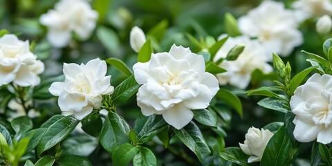 Obraz premium Beautiful Gardenia Crape Jasmine blooms showcase the elegance of Gardenia jasminoides, with lush foliage enhancing the garden s charm. Explore the beauty of Gardenia blossoms in your outdoor space.