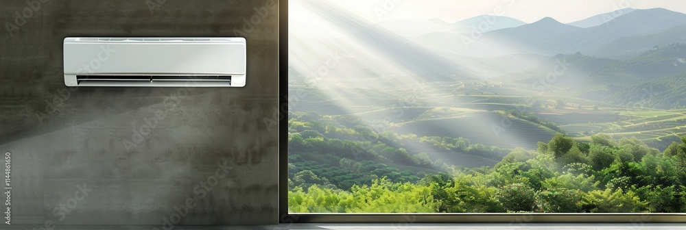 Poster mounting a wall air conditioner near an open window with a scenic view of hills and sunlight spillin
