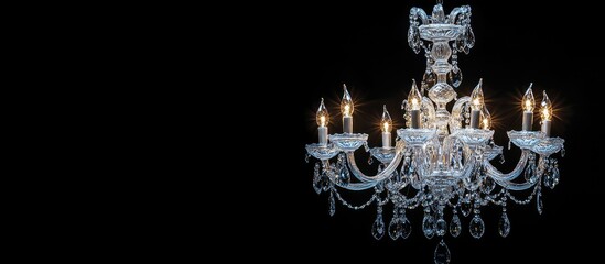 Elegant crystal chandelier with lit candles against a black background.