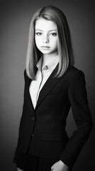 Monochrome Portrait of a Young Girl in a Formal Suit with Straight Hair