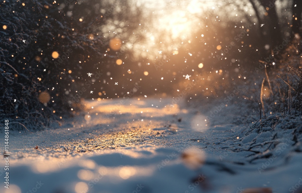 Poster snowy path with sun and bokeh.