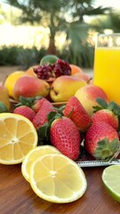 Organic fruits arranged with tropical elegance reflect eco-friendly indulgence. Organic citrus , fruits strawberries highlight vibrant organic charm and natural balance.