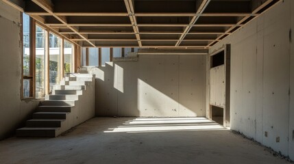 Fototapeta premium Interior view of unfinished concrete space with exposed wooden framework.