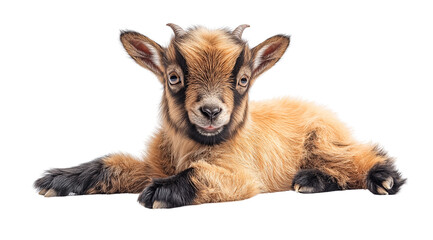 Obraz premium Cute Baby Goat Portrait: A tiny, adorable baby goat with big, curious eyes and a playful expression, lying on a white background. Perfect for farm, animal, and nature themes. 