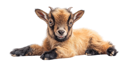 Cute Baby Goat Portrait:  A tiny, adorable baby goat with big, curious eyes and a playful expression, lying on a white background.  Perfect for farm, animal, and nature themes.  