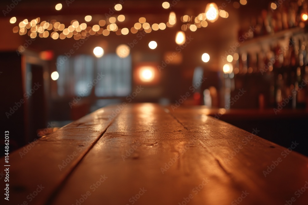 Poster blurred bar with wooden counter and string lights.