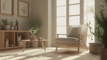 Sunny interior with wooden furniture, plants, soft light.