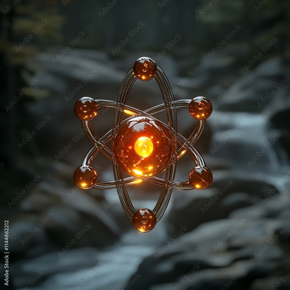 Poster detailed 3d model of a technetium atom demonstrating its precise electron structure and illustrating