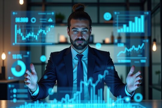 Businessman analyzing futuristic holographic data charts, concept of advanced financial technology, data-driven decision-making, innovation in analytics, AI solutions.