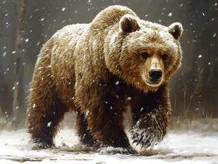 Obraz premium Grizzly brown bear searches for food on a winter day, Montana, USA