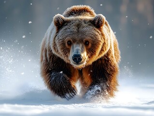Grizzly brown bear searches for food on a winter day, Montana, USA