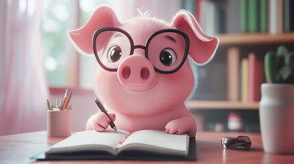 Cute piglet wearing glasses writes in a notebook at a desk.