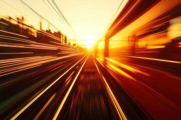 Fast motion train track sunset golden hour.