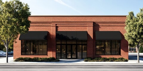 New commercial, retail, and office space available for sale or lease in a classic red brick office building featuring an awning, ideal for various business opportunities and operations.