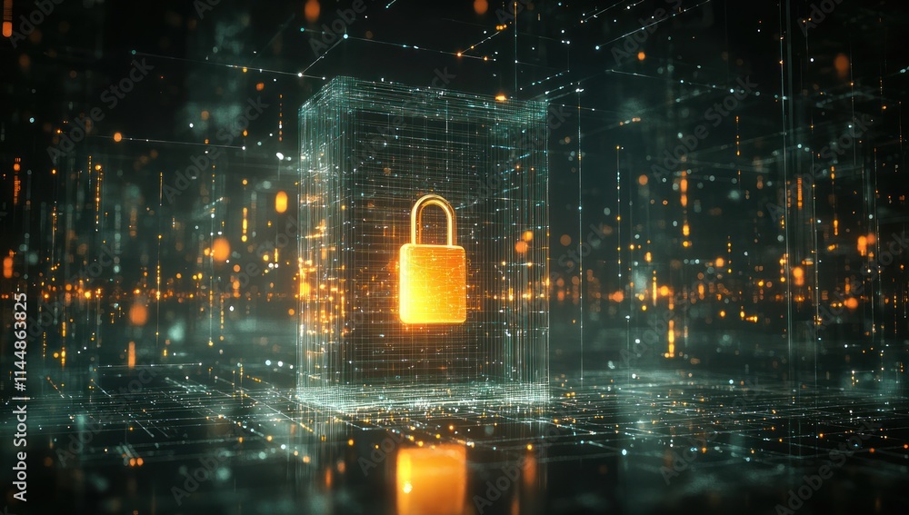 Poster glowing padlock within digital data cube.