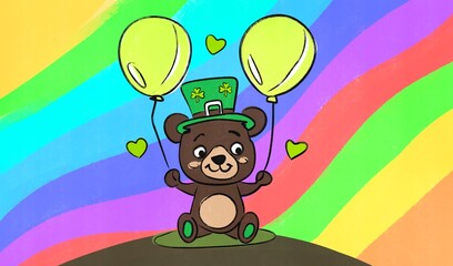 Cartoon teddy bear celebrates Saint Patrick's Day with balloons