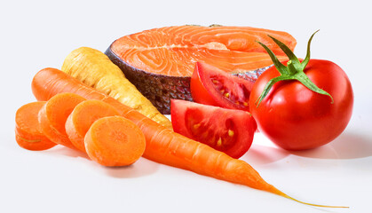 Lachs und Gemuese, Lachskotelett, Fisch, Möhren, Karotten, Tomaten, Pastinaken