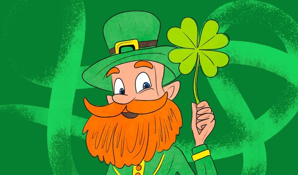 Joyful leprechaun holding a shamrock for St. Patrick's Day