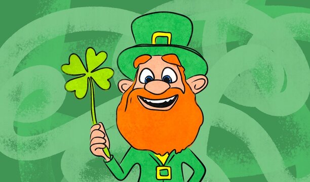 Cheerful leprechaun holding a shamrock on Saint Patrick's Day