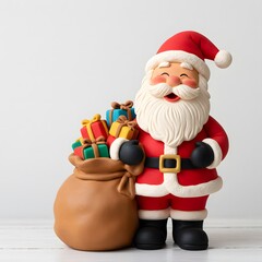 Obraz premium A clay Santa Claus holding a large gift bag filled with presents placed in front of a blank wall, ready for a Merry Christmas message