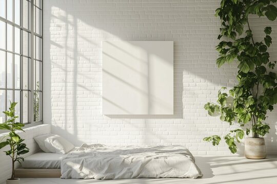 Square grunge canvas frame mockup on white brick wall with large window in loft studio room
