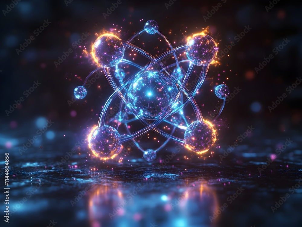Poster detailed 3d digital of a technetium atom displaying its electron and molecular structure highlightin