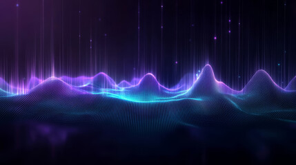 Digital technology glowing background with connected dots on 3d wave landscape. Concept of AI artificial intelligence, big data, data science, digital world, virtual reality, cyberspace, metaverse.  - obrazy, fototapety, plakaty