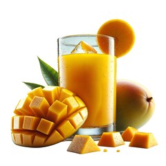 Glass of Fresh Mango Juice with Mango Slices and Cubes on White Background

